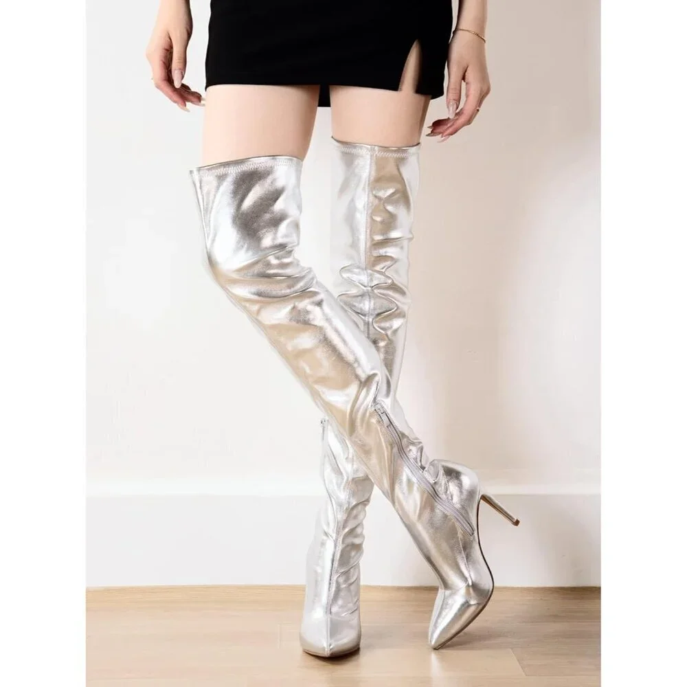Women Silver Polyurethane Over The Knee High Stretchy Leather Thigh High Boots